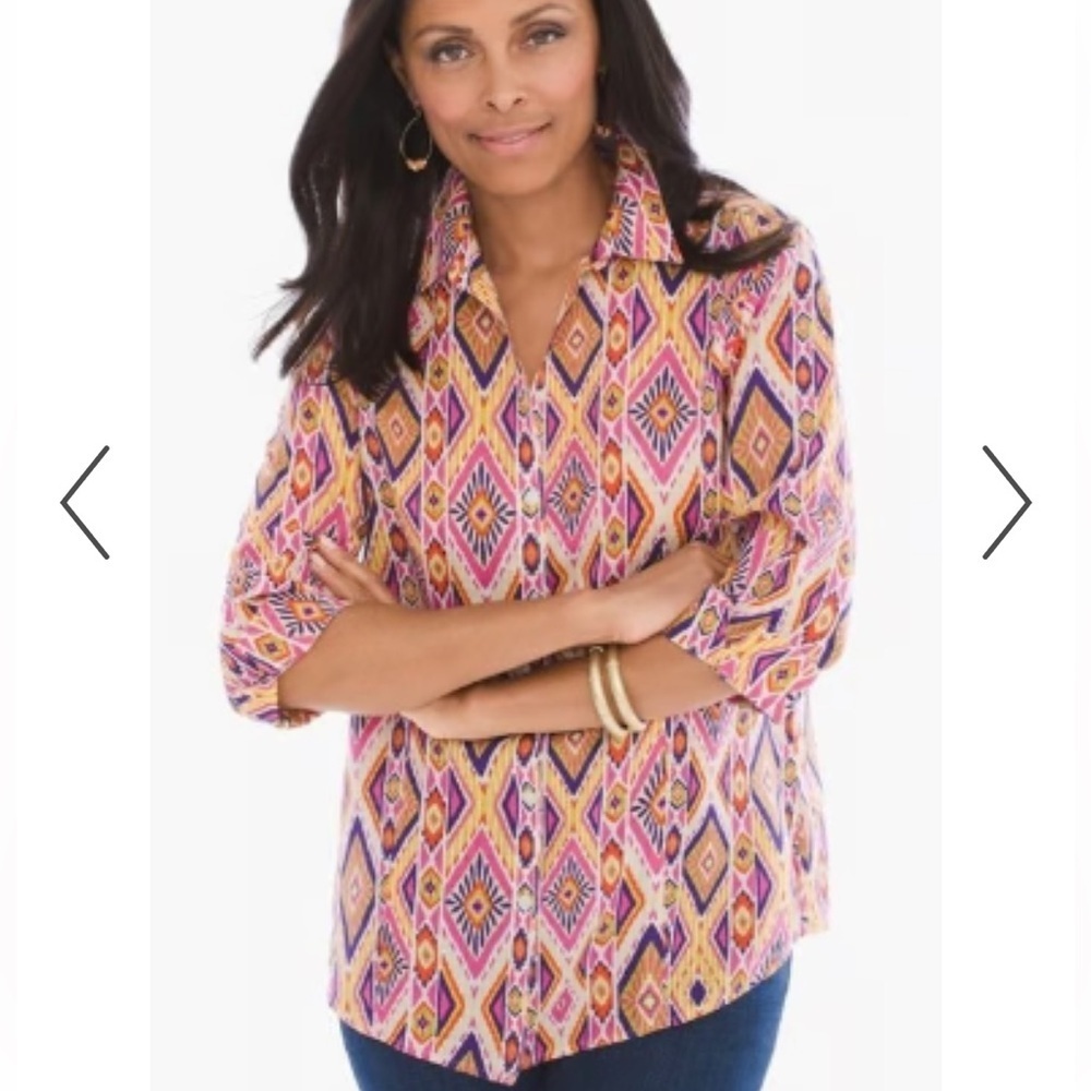 Chico’s 100% Linen No-Iron Multi-Colored Diamond Printed Blouse Sz. 3 (US XL/16)